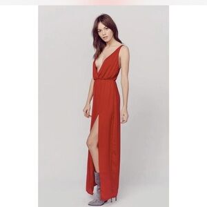 Blue Life Red Deep V Maxi Dress with High Side Slit